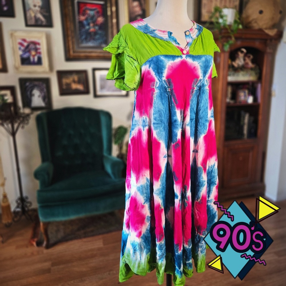 Soraya Tie Dye Dress Vintage 90s Pink Blue‎ Green Boho Festival Ruffle Sleeve M